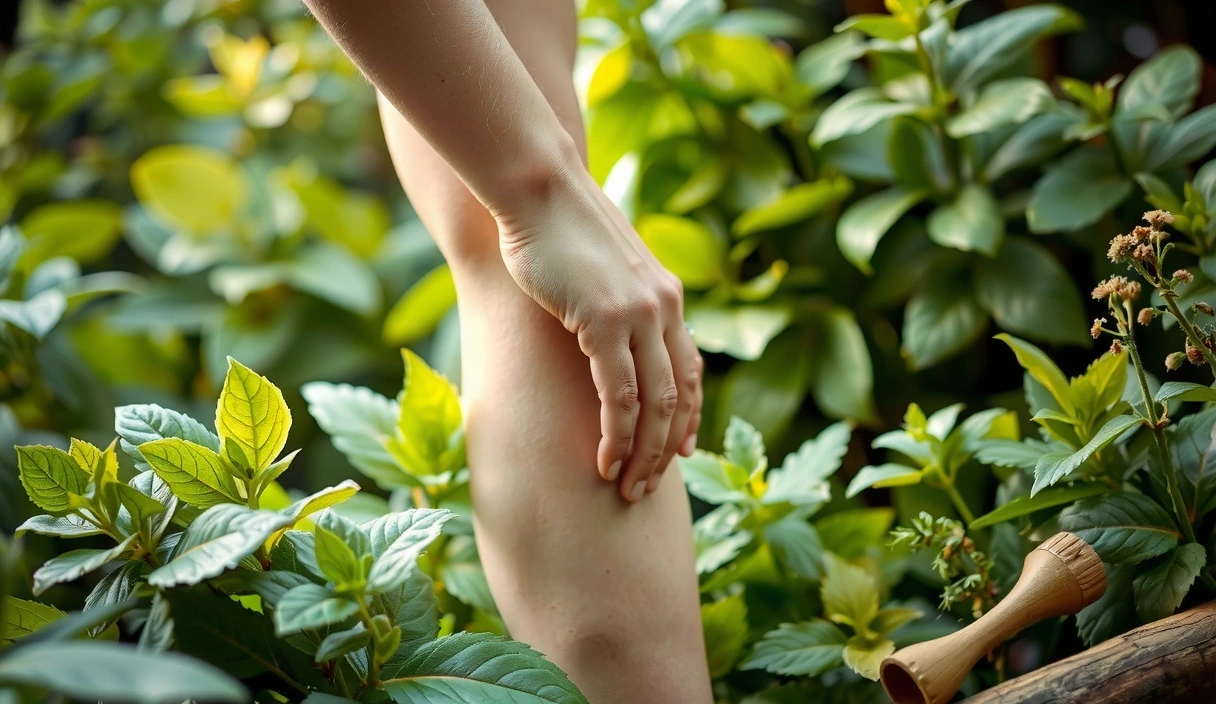 Obraz przedstawiający zdrowe, elastyczne stawy, otoczone naturalnymi elementami, takimi jak liście, zioła, w spokojnej, naturalnej scenerii.